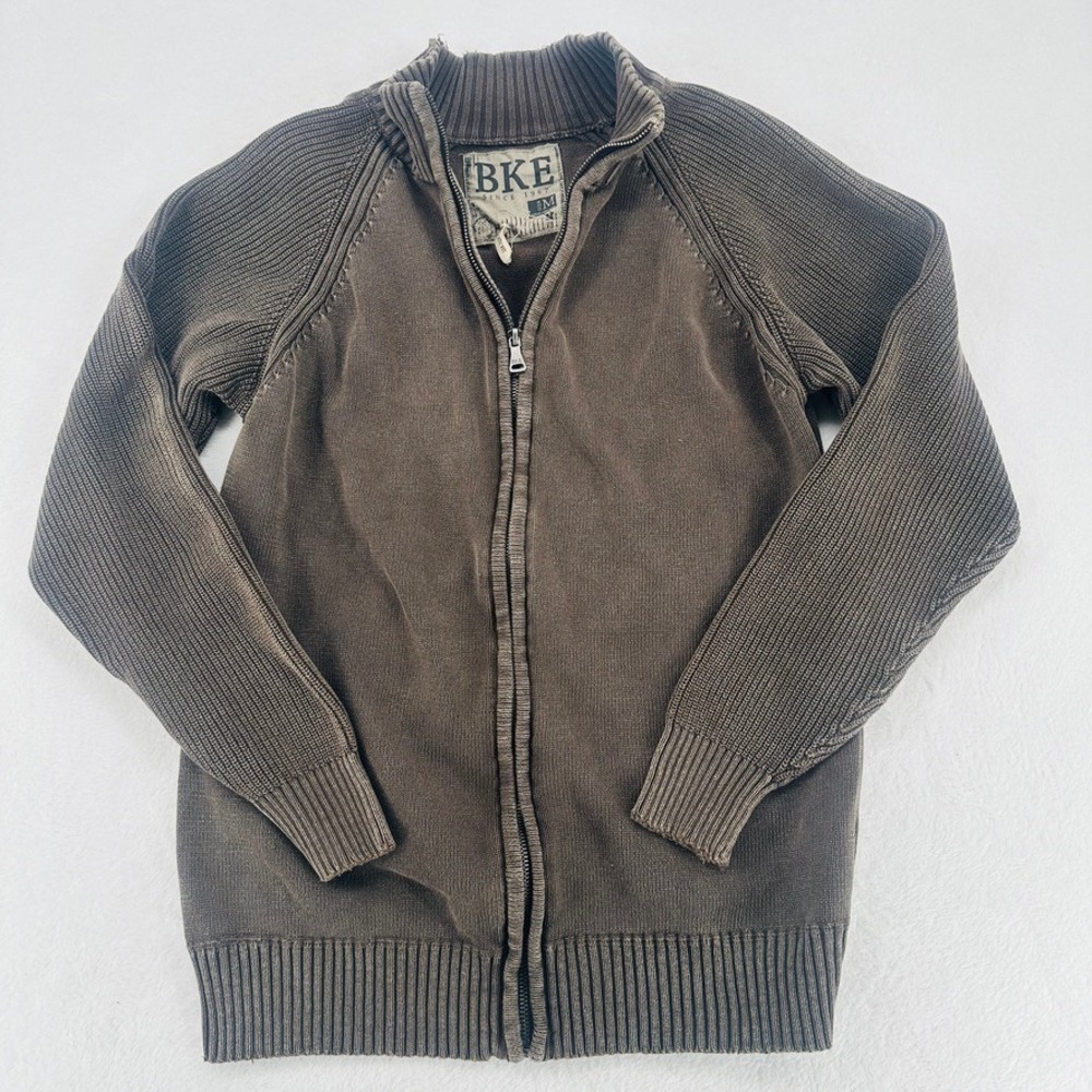 BKE Brown Full Zip Knit Sweater Jacket Ribbed Trim Size M